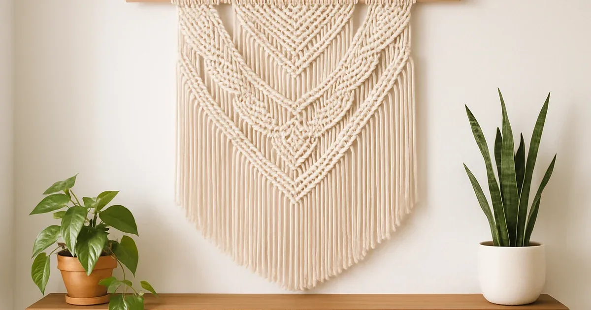 Tapiz de macramé colgado en una pared clara junto a plantas y una repisa de madera