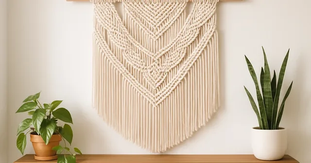 Tapiz de macramé colgado en una pared clara junto a plantas y una repisa de madera