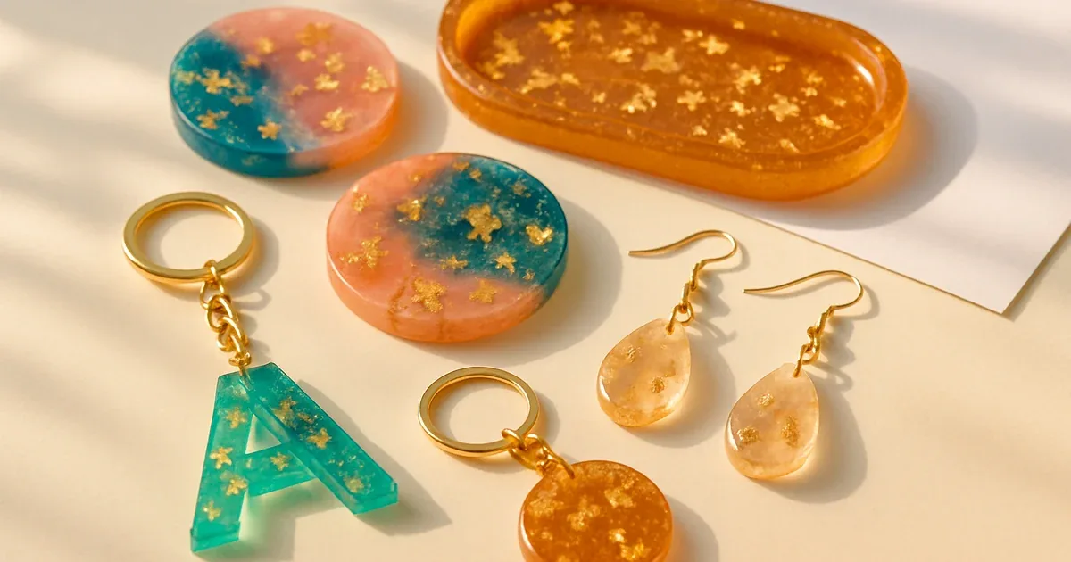 Accesorios de resina epoxi de colores como llaveros, posavasos y joyería sobre una mesa de trabajo