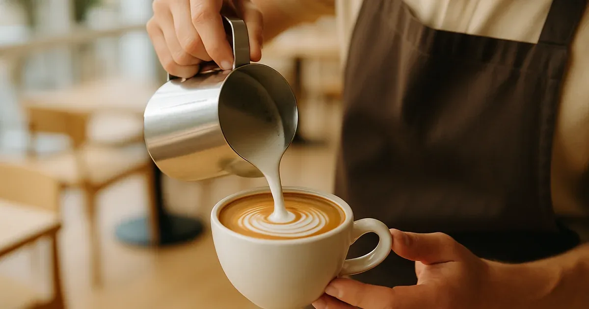 Barista vertiendo leche en una taza de café formando arte latte en una cafetería luminosa