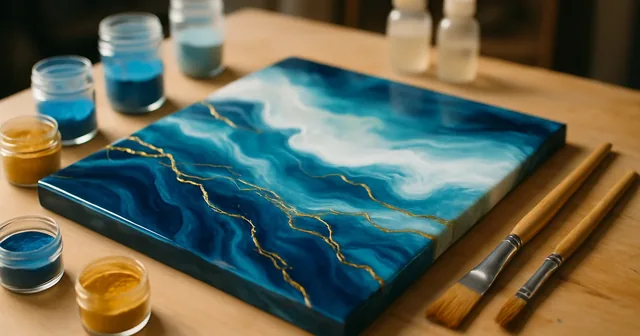 Cuadro artístico de resina epoxi con ondas azules y doradas sobre una mesa de taller