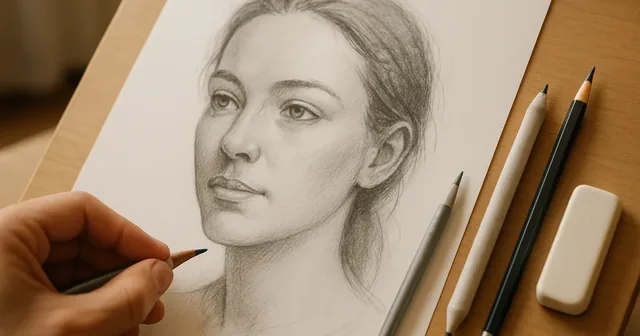 Dibujo a lápiz de un retrato realista con lápices de grafito sobre un tablero