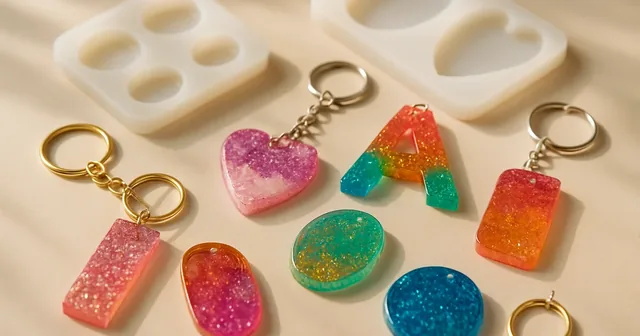 Accesorios artesanales de resina epoxi de colores sobre una mesa de trabajo