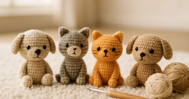 Pequeños amigurumis de perros y gatos tejidos a crochet sobre una superficie de madera