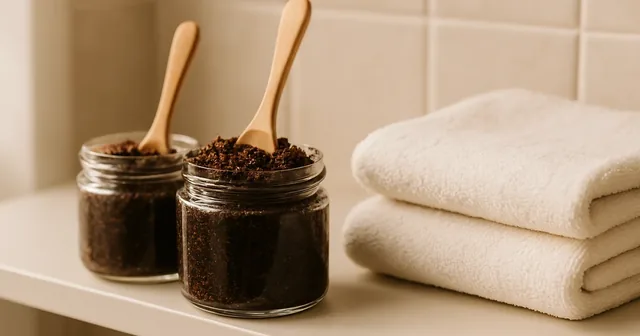 Frascos de exfoliante corporal casero de café y azúcar con cucharas de madera