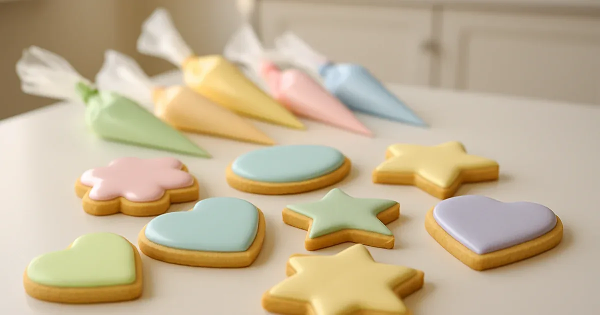 Galletas decoradas con glasa royal icing de colores pastel sobre una bandeja