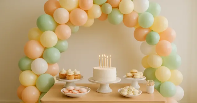 Arco orgánico de globos de colores pastel en una decoración de fiesta
