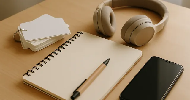 Persona estudiando inglés con auriculares y un cuaderno frente a un portátil
