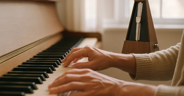 Manos de una persona sobre las teclas de un piano en una sala luminosa
