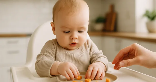 Bebé sentado en una trona comiendo trozos de fruta blanda con las manos