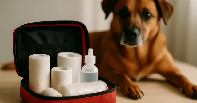 Botiquín de primeros auxilios para perros con vendas, gasas y suero, junto a un perro tumbado