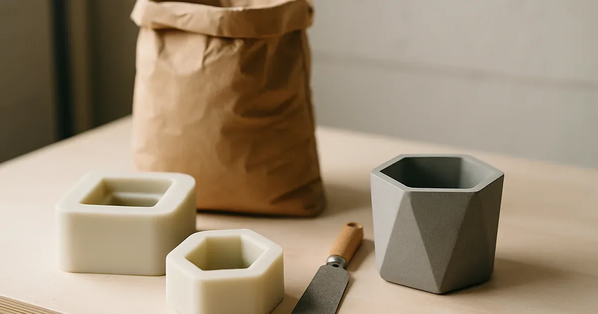 Piezas decorativas de concreto como bandejas y macetas junto a moldes de silicona
