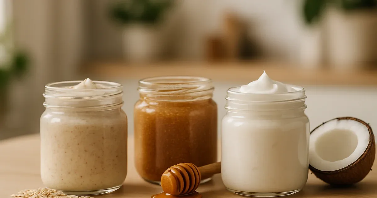 Frascos de cristal con exfoliantes y mantequillas corporales caseras junto a ingredientes naturales