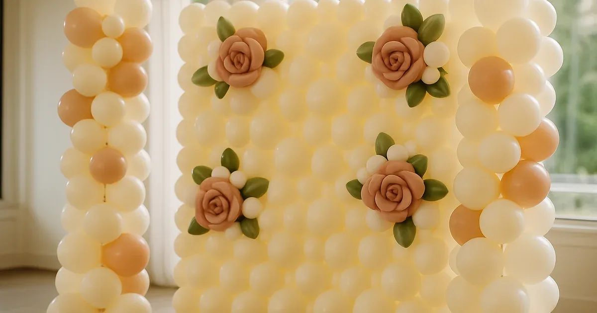 Decoración de fiesta con arco orgánico de globos en tonos pastel y una mesa dulce