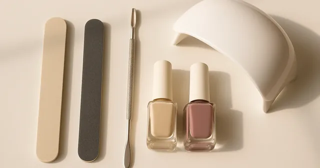Kit de manicura con limas, cortaúñas, empujador de cutícula y esmaltes sobre una superficie blanca