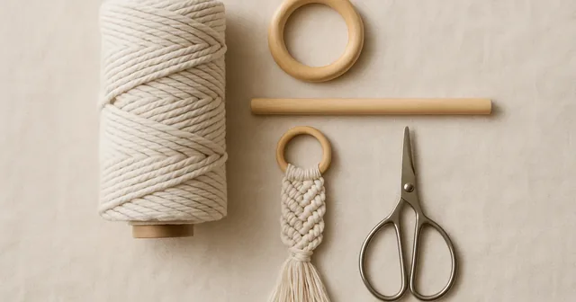 Cuerda de algodón, aro de madera y tijeras preparados para empezar un proyecto de macramé