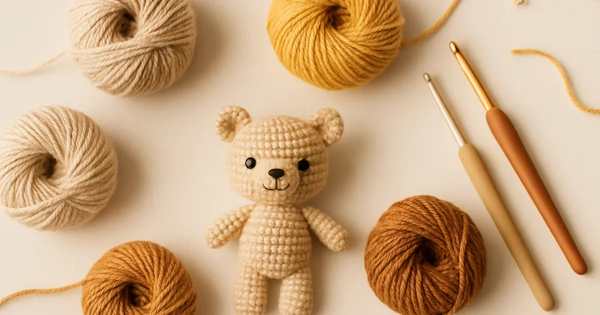 Ovillos de lana de colores, ganchillos y un pequeño amigurumi tejido sobre una mesa