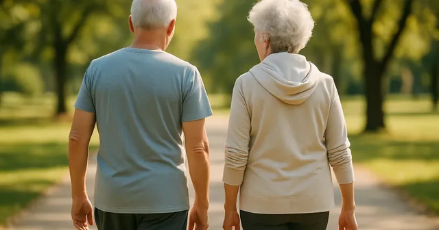 Dos personas mayores paseando y conversando en un parque soleado