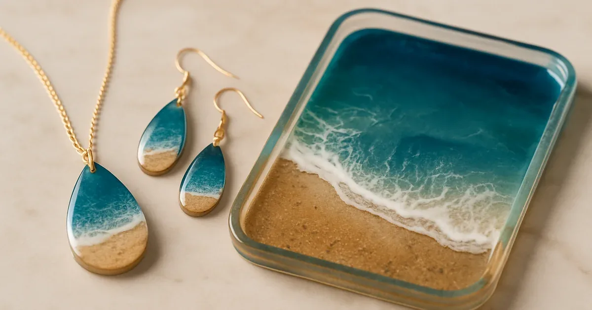 Dos estilos de piezas de resina epoxi, una joyería y una bandeja, sobre una superficie neutra