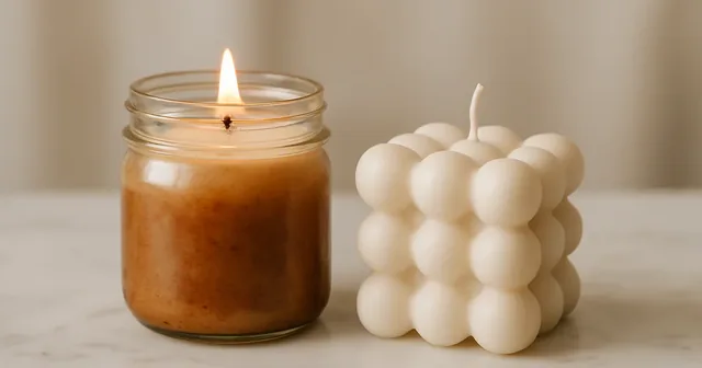 Dos velas artesanales de distintos estilos comparadas sobre una mesa