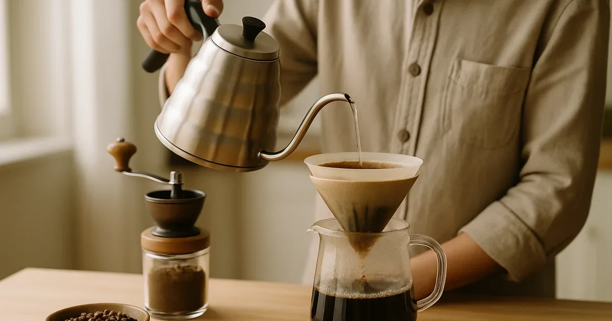 Taza de café recién preparado junto a granos de café, un molinillo y un cafetera de filtro