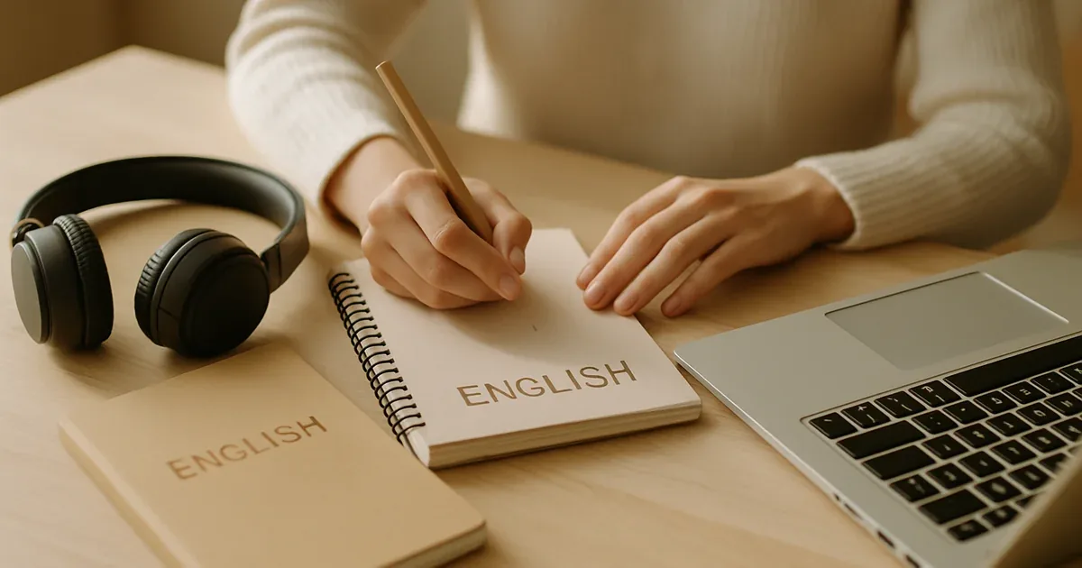 Persona estudiando inglés con auriculares y un cuaderno frente a un portátil