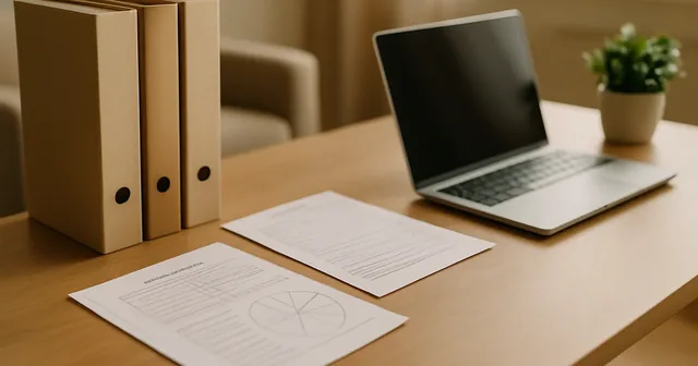 Escritorio de psicólogo con carpetas de plantillas impresas, un portátil y una libreta
