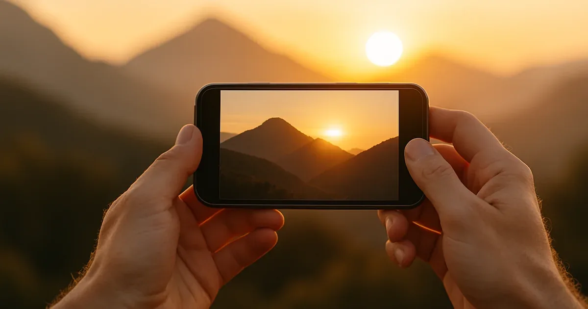 Persona fotografiando un paisaje al atardecer con un smartphone