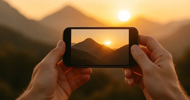 Persona fotografiando un paisaje al atardecer con un smartphone