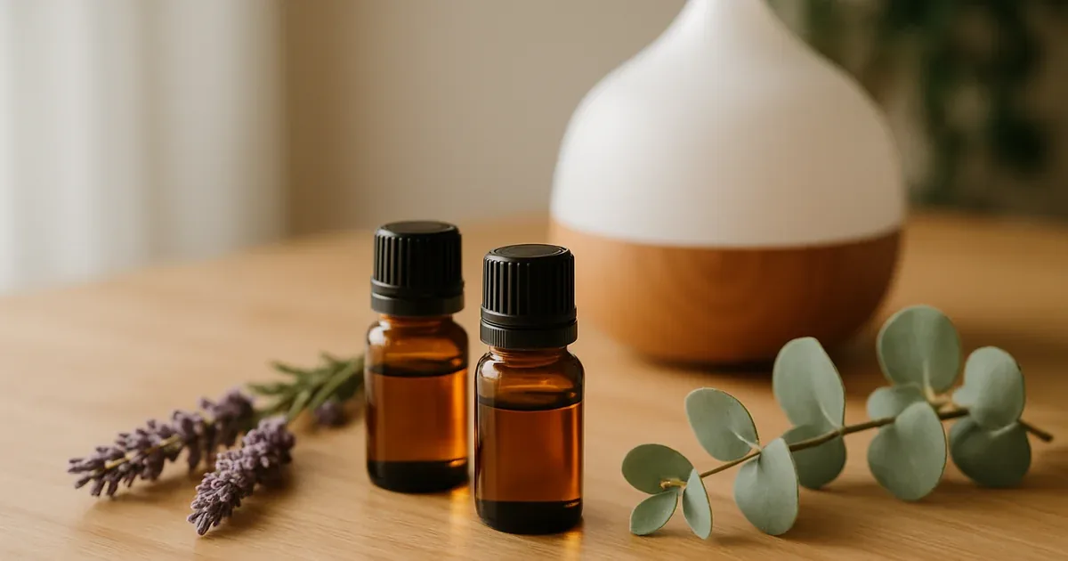 Aceites esenciales en frascos de vidrio con hierbas y flores secas sobre una mesa de madera