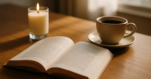 Libro abierto sobre una mesa de madera junto a una taza y una vela encendida