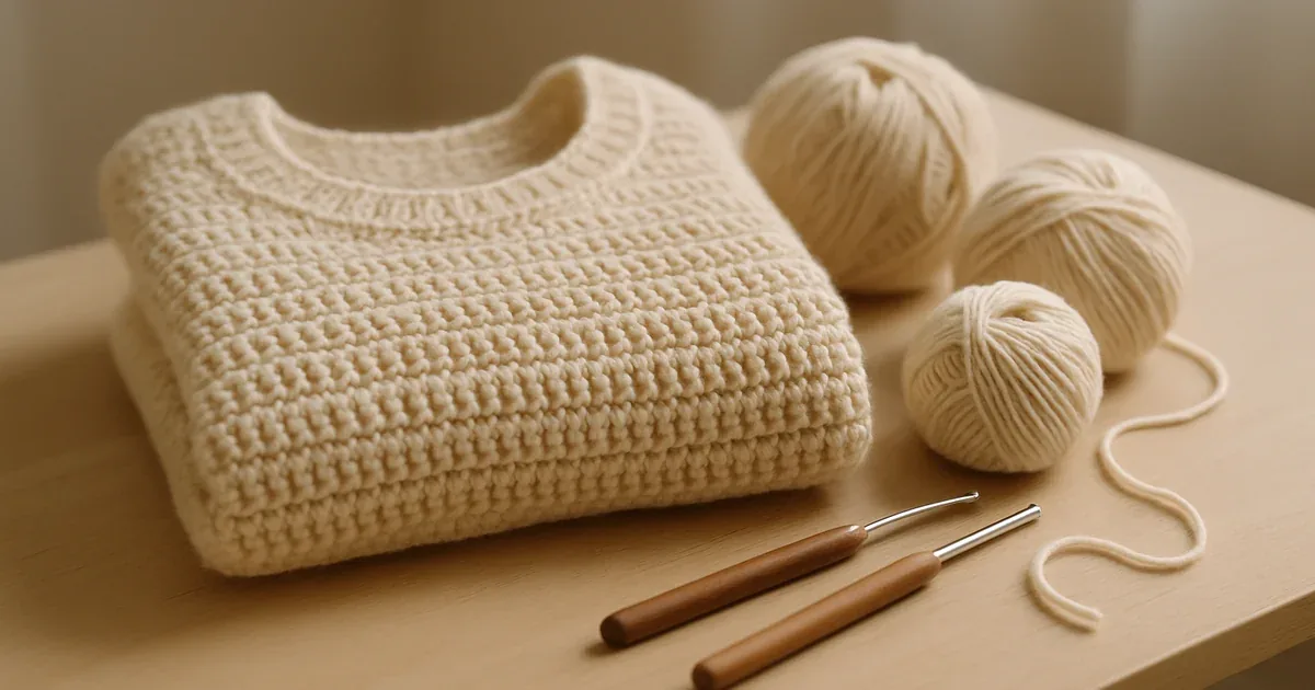 Prenda de crochet en tonos crema sobre una mesa junto a ovillos de lana y ganchillos