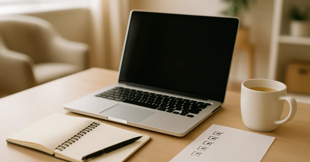 Portátil abierto sobre un escritorio con notas y un cuaderno de planificación en una habitación luminosa