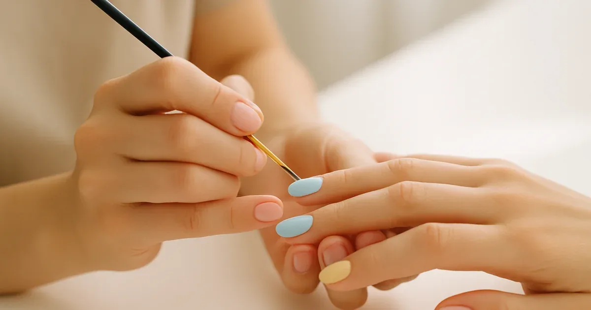 Manicurista trabajando en unas uñas con esmalte y herramientas de manicura sobre una mesa luminosa
