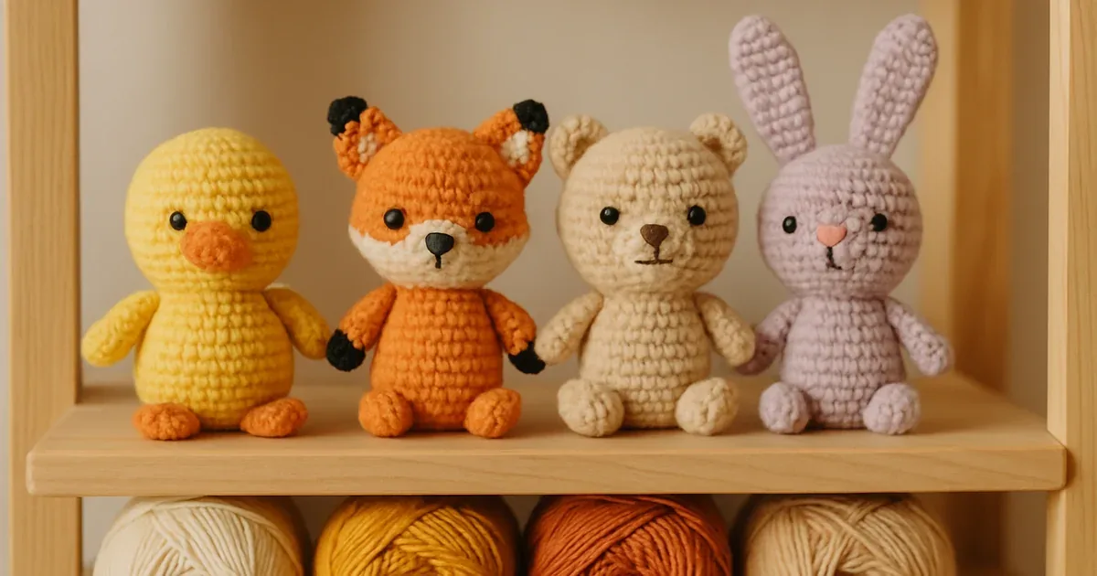 Amigurumis tejidos de colores, un conejito y un osito, junto a ovillos y un ganchillo