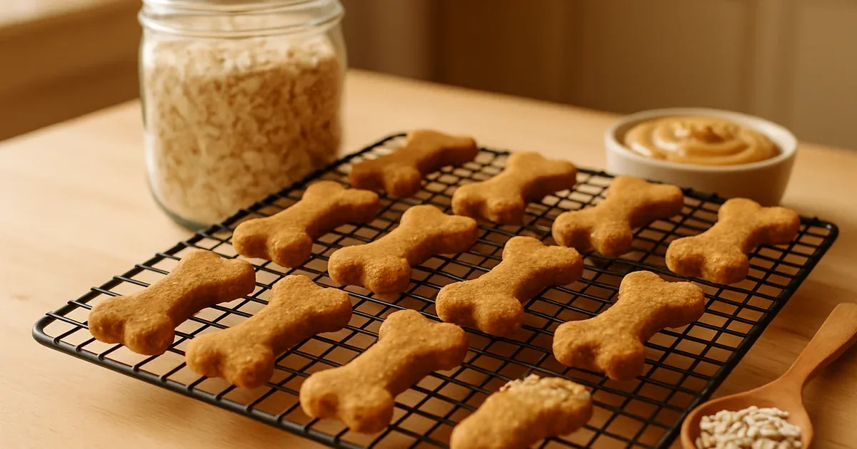 Galletas caseras para perros con forma de hueso sobre una mesa de cocina