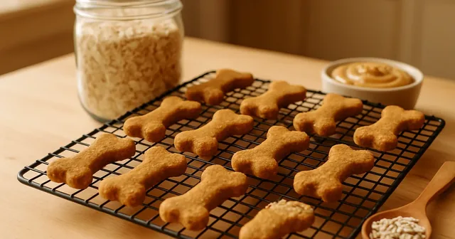 Galletas caseras para perros con forma de hueso sobre una mesa de cocina