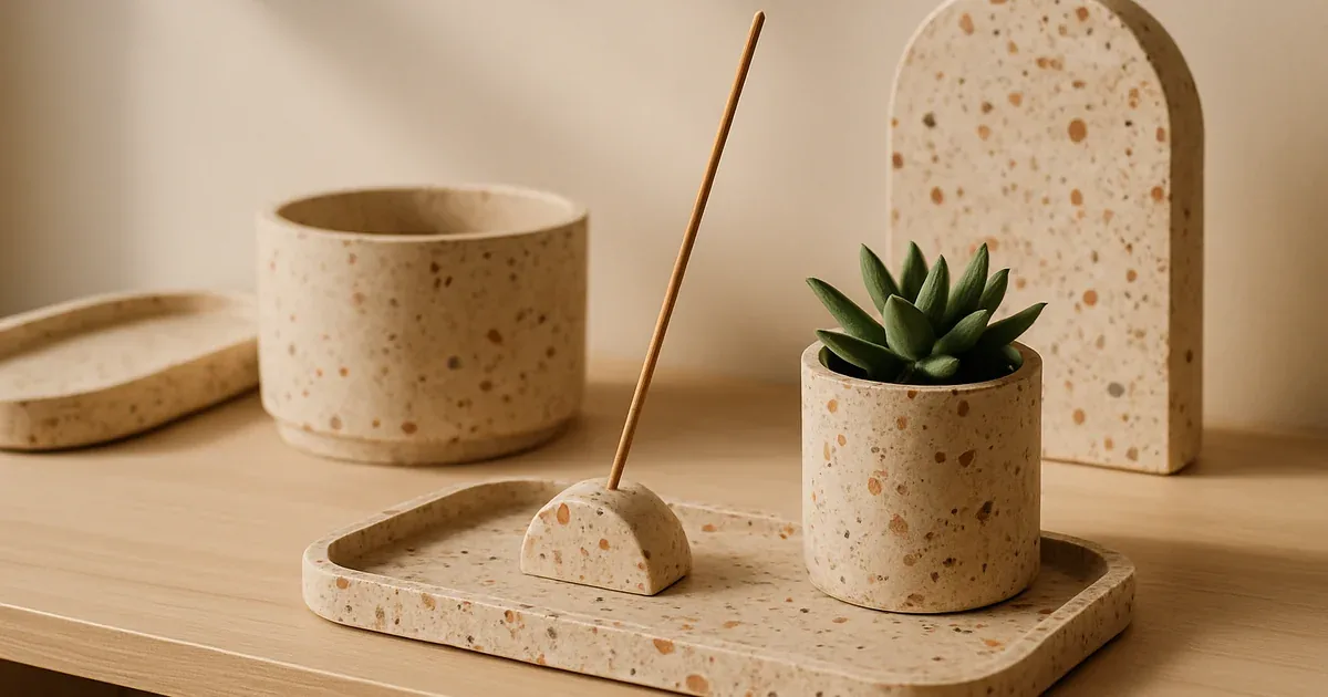 Piezas decorativas de concreto como bandejas y macetas con acabado terrazo sobre una mesa