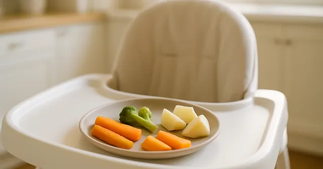 Trozos de fruta y verdura blandos preparados en un plato para un bebé sobre una trona