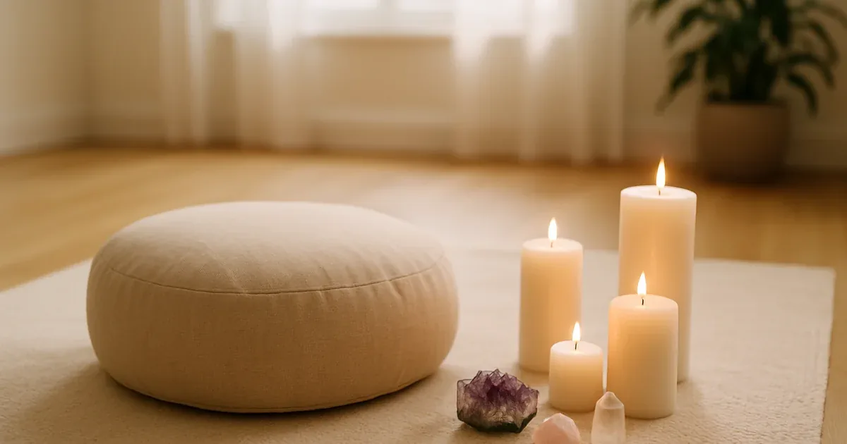 Persona sentada meditando con los ojos cerrados junto a cristales y velas en una sala tranquila