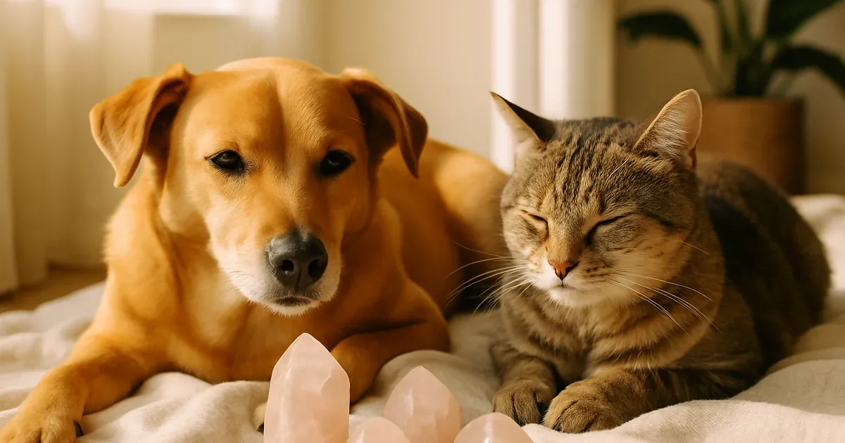Perro y gato tranquilos junto a cristales de cuarzo sobre una manta en una habitación luminosa