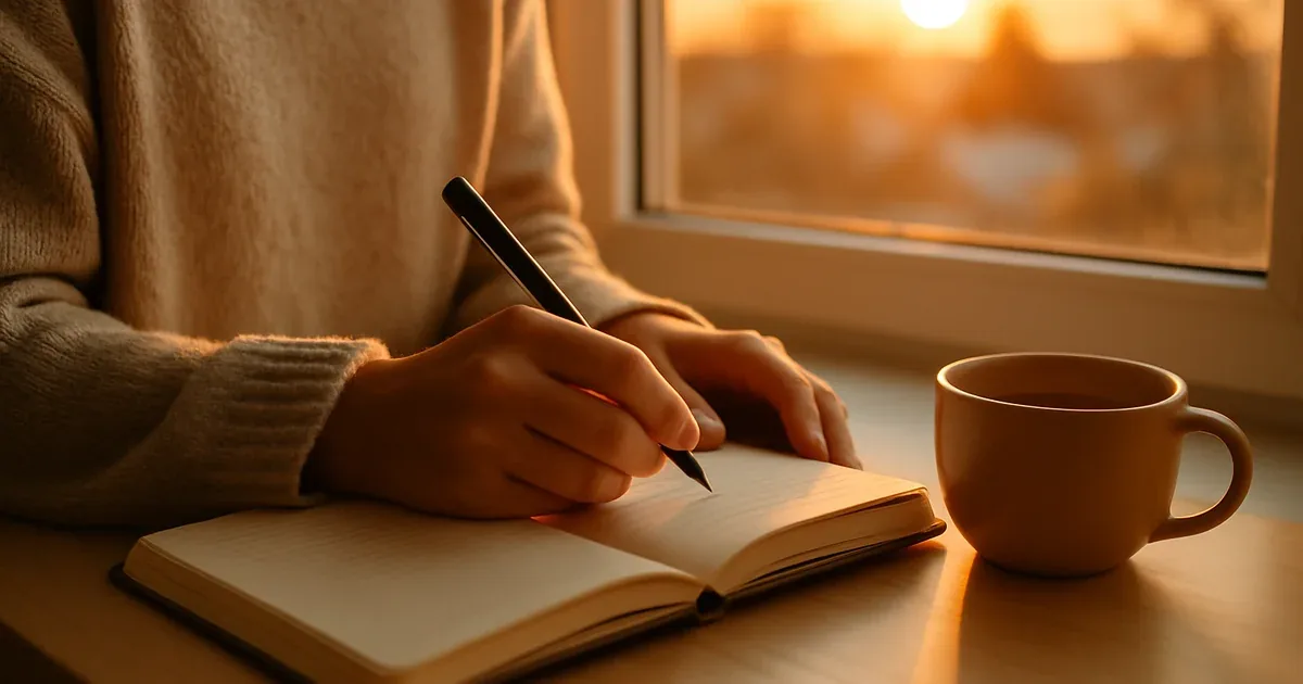 Persona escribiendo en un diario junto a una ventana con luz suave al amanecer