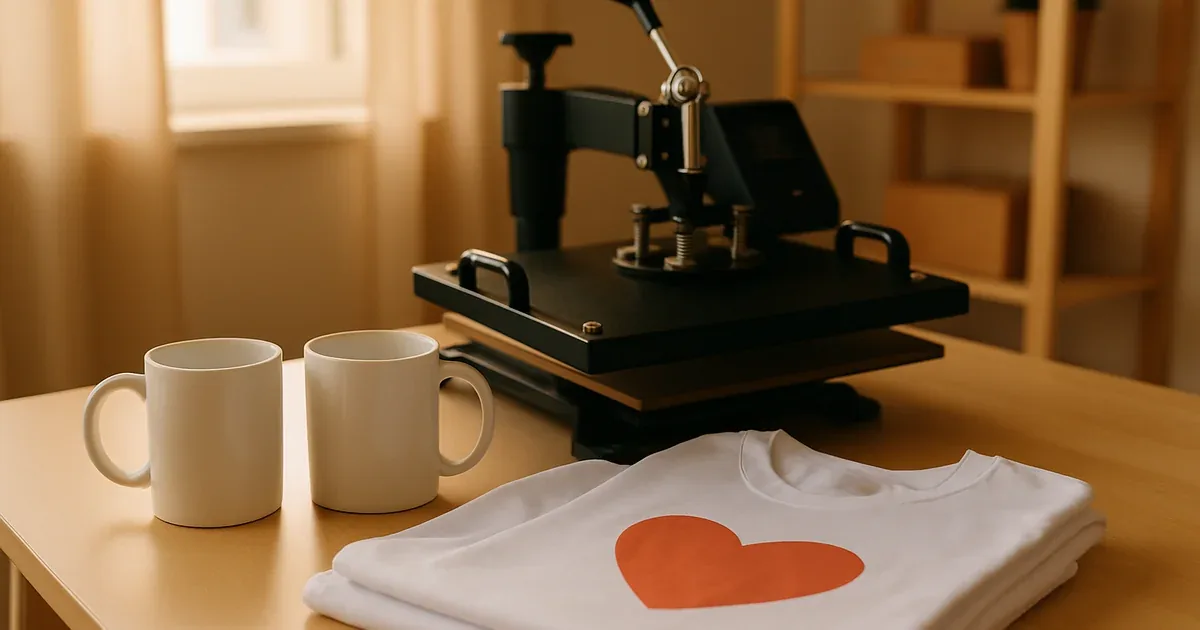 Prensa térmica y tazas personalizadas listas para sublimar sobre una mesa de taller