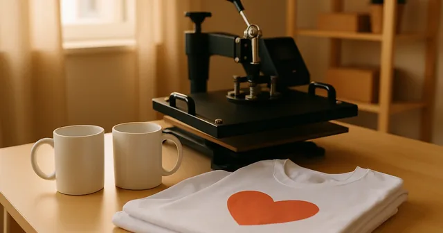 Prensa térmica y tazas personalizadas listas para sublimar sobre una mesa de taller
