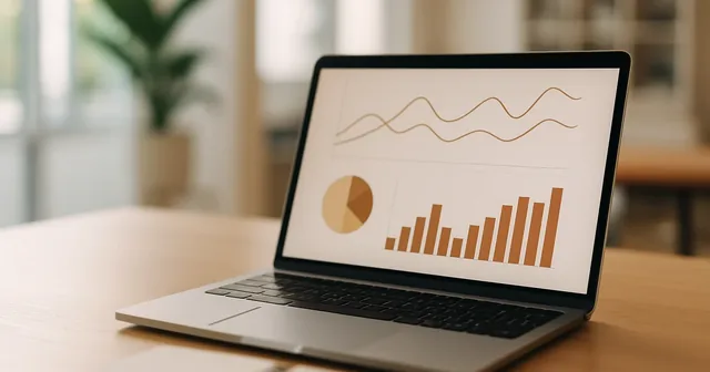Persona trabajando en un portátil con gráficos de ventas y un cuaderno en un escritorio ordenado