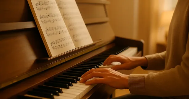 Manos de una persona tocando un piano en una sala luminosa