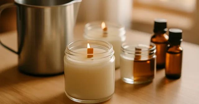 Velas artesanales de cera de soja con mechas de madera sobre una mesa de trabajo