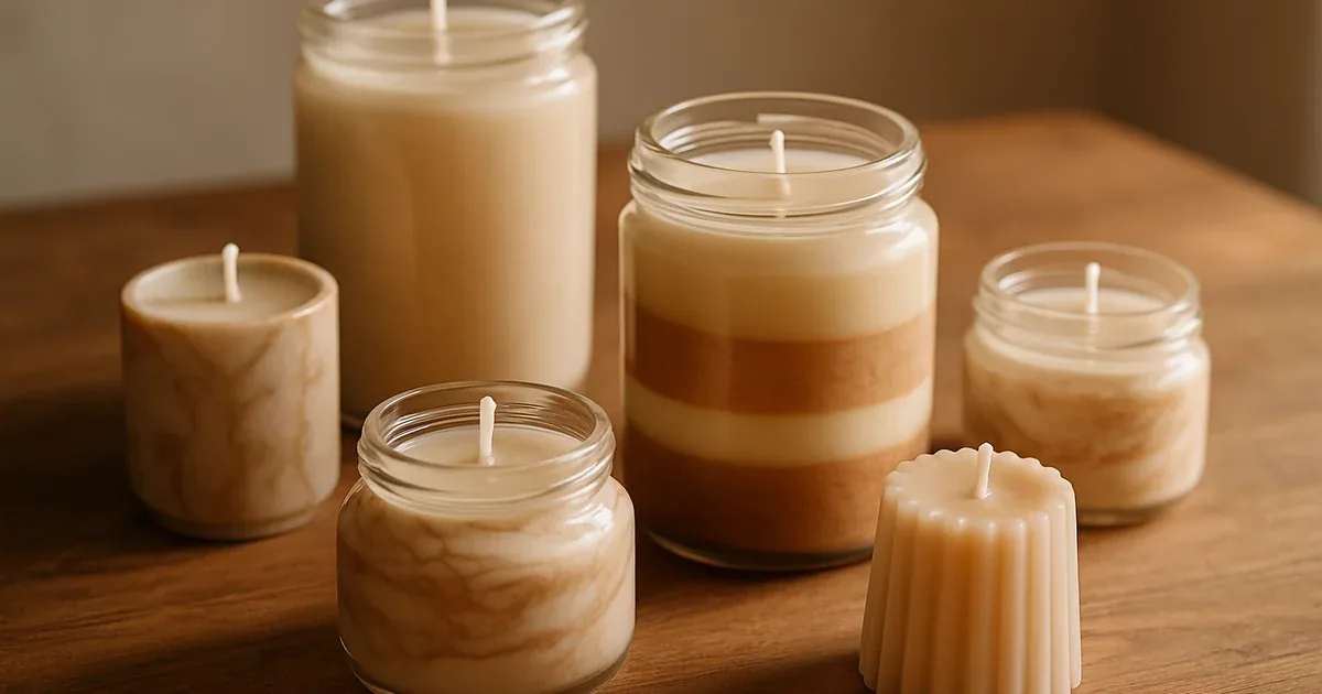 Velas artesanales de cera con distintos acabados sobre una mesa de trabajo con moldes y aromas