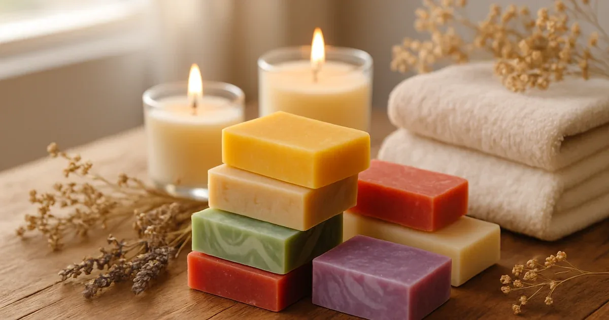 Velas y jabones artesanales de colores dispuestos sobre una mesa de madera