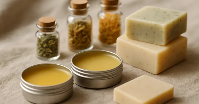 Bálsamos, jabones artesanales y frascos de cosmética natural con hierbas secas sobre una mesa